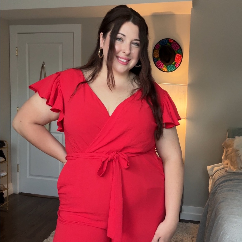 MSK Red Wrap Jumpsuit with Flutter Sleeves